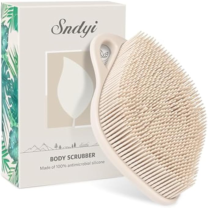 Sndyi Silicone Body Scrubber, Gentle Exfoliating Body Scrubber for Sensitive Skin, Leaf Shaped Shower Scrubber for Body with Lathering Bristles, Silicone Loofah Body Brush for Showering, Oatmeal - Image 1